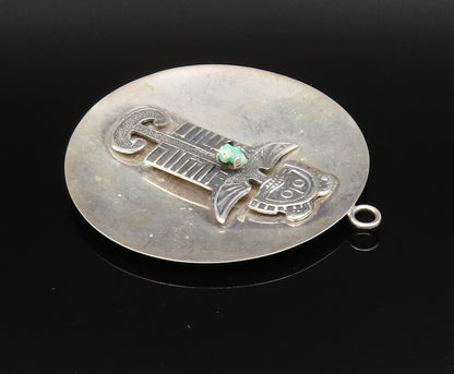 925 Silver  Vintage Carved Figure With Tumbled Jade Disc Pendant  PT21817