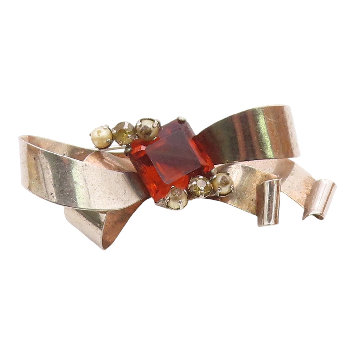 925 Sterling Silver  Vintage Citrine & Petite Pearls Ribbon Brooch Pin  BP6172