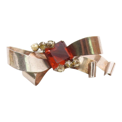 925 Sterling Silver  Vintage Citrine & Petite Pearls Ribbon Brooch Pin  BP6172