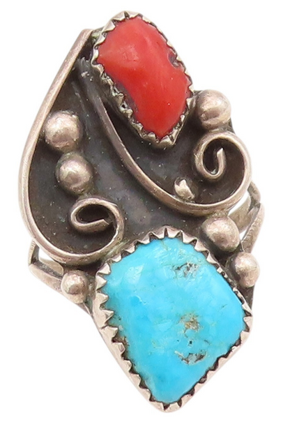 925 Sterling Silver Vintage Ring NAVAJO ZUNI Turquoise Swirl Carved Sz 6 RG31706