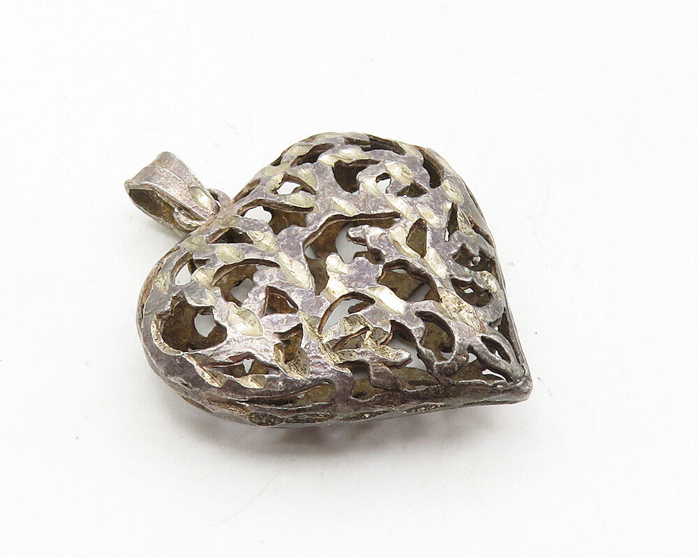 925 Sterling Silver  Vintage Oxidized Cutout Hollow Love Heart Pendant  PT7364