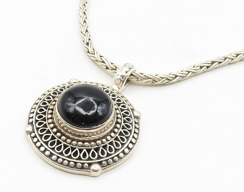 925 Sterling Silver  Vintage Cabochon Black Onyx Swirl Chain Necklace  NE1792