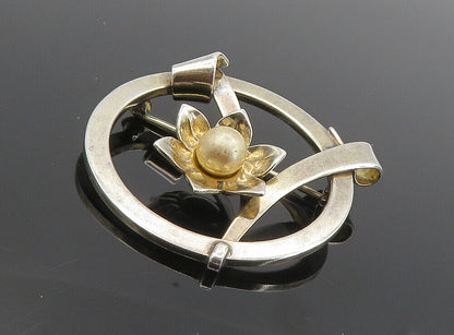 925 Sterling Silver  Vintage Golden Pearl Flower Motif Brooch Pin  BP3252