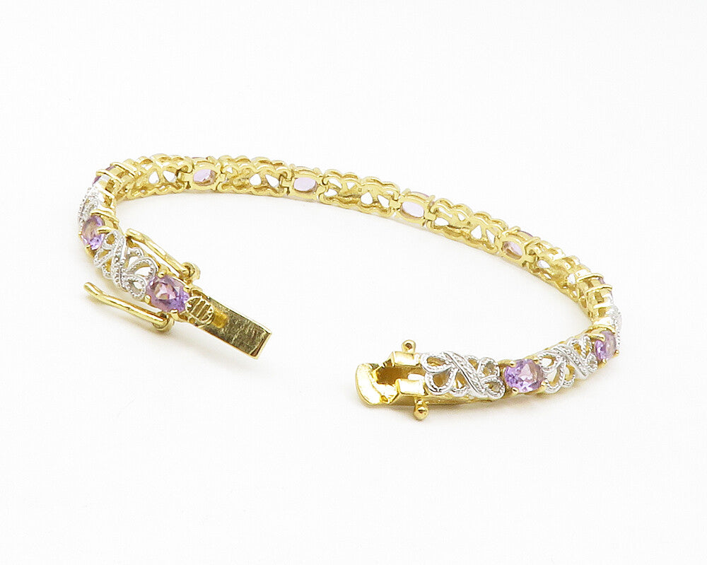 925 Sterling Silver  Genuine Diamonds & Amethyst Swirl Chain Bracelet  BT5246