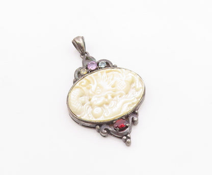 925 Sterling Silver  Vintage Mother Of Pearl & Topaz Dragon Pendant  PT7278