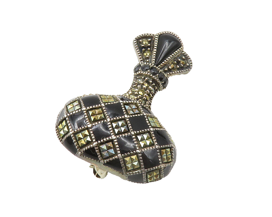 JUDITH JACK 925 Silver  Vintage Black Onyx & Marcasite Vase Brooch Pin  BP5293