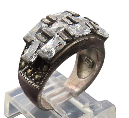 925 Silver  Vintage Brick Wall Effect CZ Marcasite Solid Ring Sz 5.5  RG27130