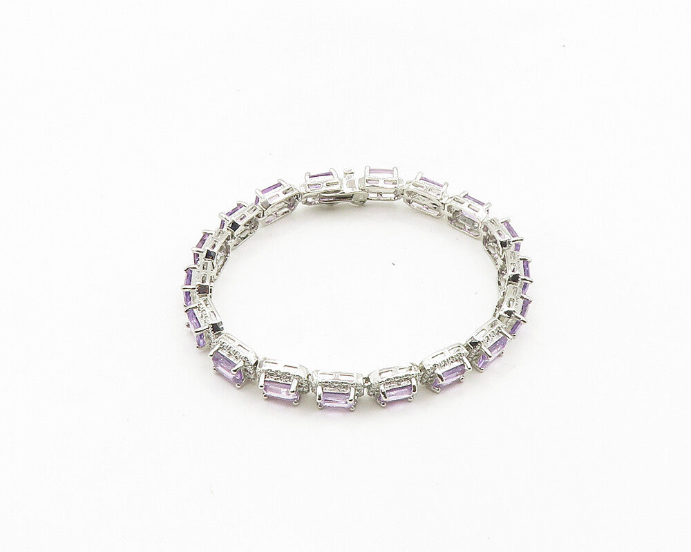 925 Sterling Silver  Prong Set Shiny Amethyst Hinge Chain Bracelet  BT7353
