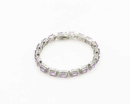 925 Sterling Silver  Prong Set Shiny Amethyst Hinge Chain Bracelet  BT7353