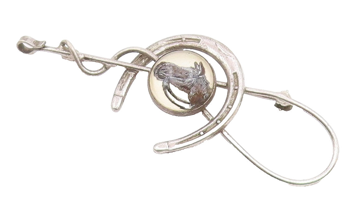 925 Sterling Silver  Vintage Horseshoe & Whip Good Luck Brooch Pin  BP9217