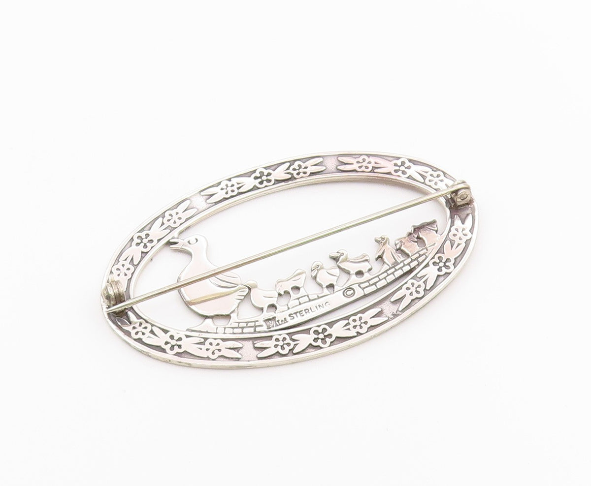 MIA 925 Sterling Silver  Vintage Mom & Baby Ducks Floral Brooch Pin  BP6755
