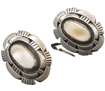 L.M. NEZ NAVAJO 925 Silver  Vintage Mother Of Pearl Drop Earrings  EG10104