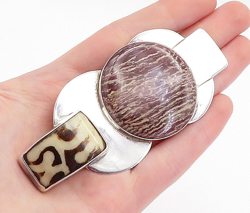 DESIGNER 925 Silver  Vintage Modernist Jasper Two Stone Brooch Pin  BP1972