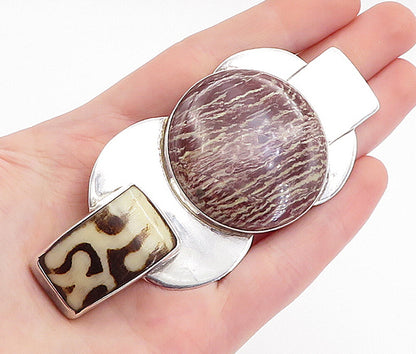 DESIGNER 925 Silver  Vintage Modernist Jasper Two Stone Brooch Pin  BP1972