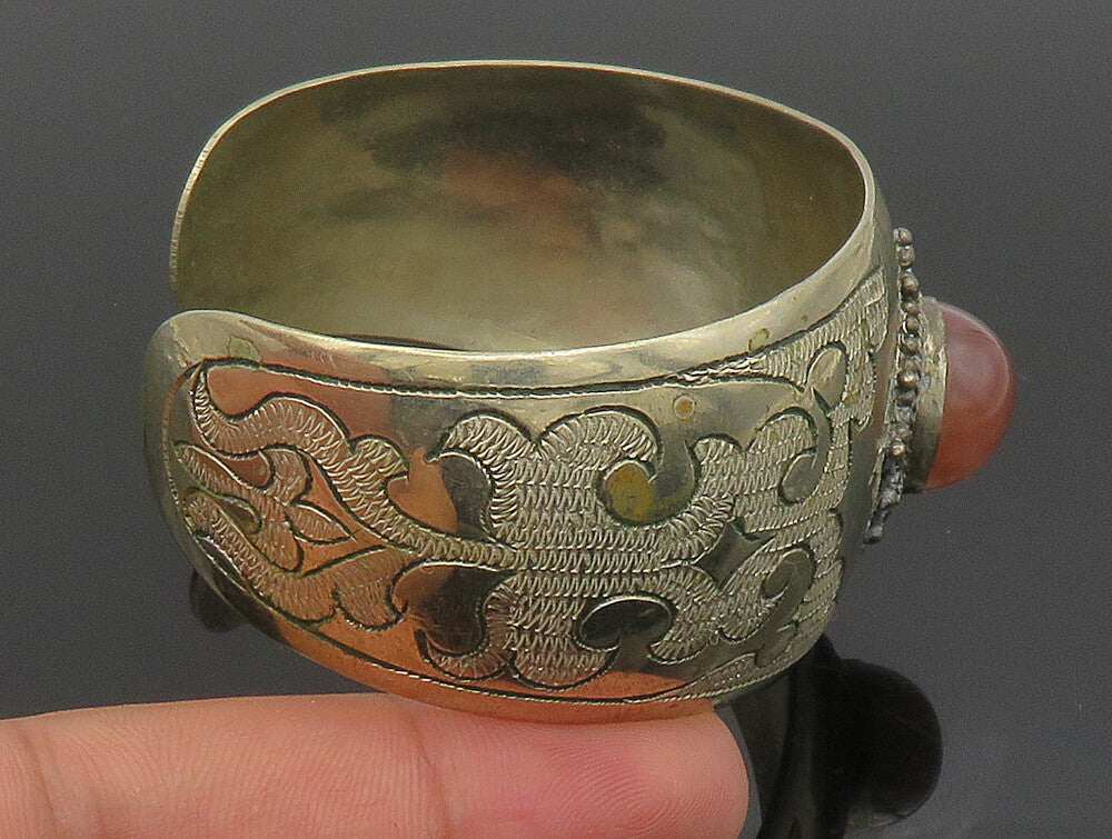 925 Sterling Silver Vintage Carnelian Beaded Swirl Wide Cuff Bracelet BT9347