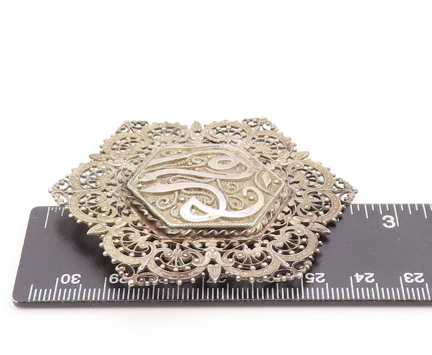 925 Sterling Silver Vintage Brooch Arabic Calligraphy Filigree Design  BP11900