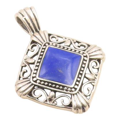925 Sterling Silver Vintage Pendant MEXICO Lapis Lazuli Geometric Charm  PT26036
