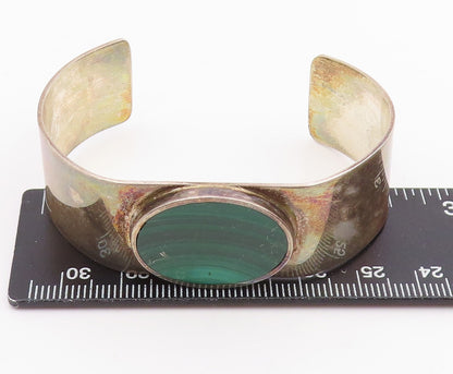 925 Sterling Silver Vintage Bracelet Modernist Cabochon Malachite Cuff  BT11971