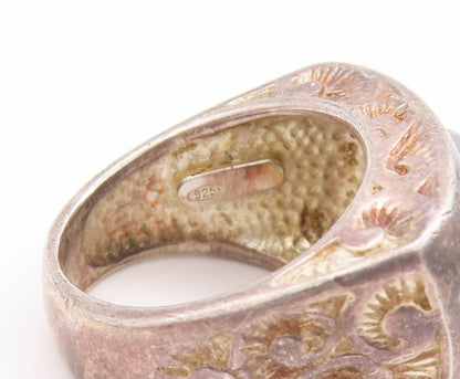 925 Sterling Silver Vintage Ring Swirls Etched Oval Cut Onyx  Sz 7  RG32846