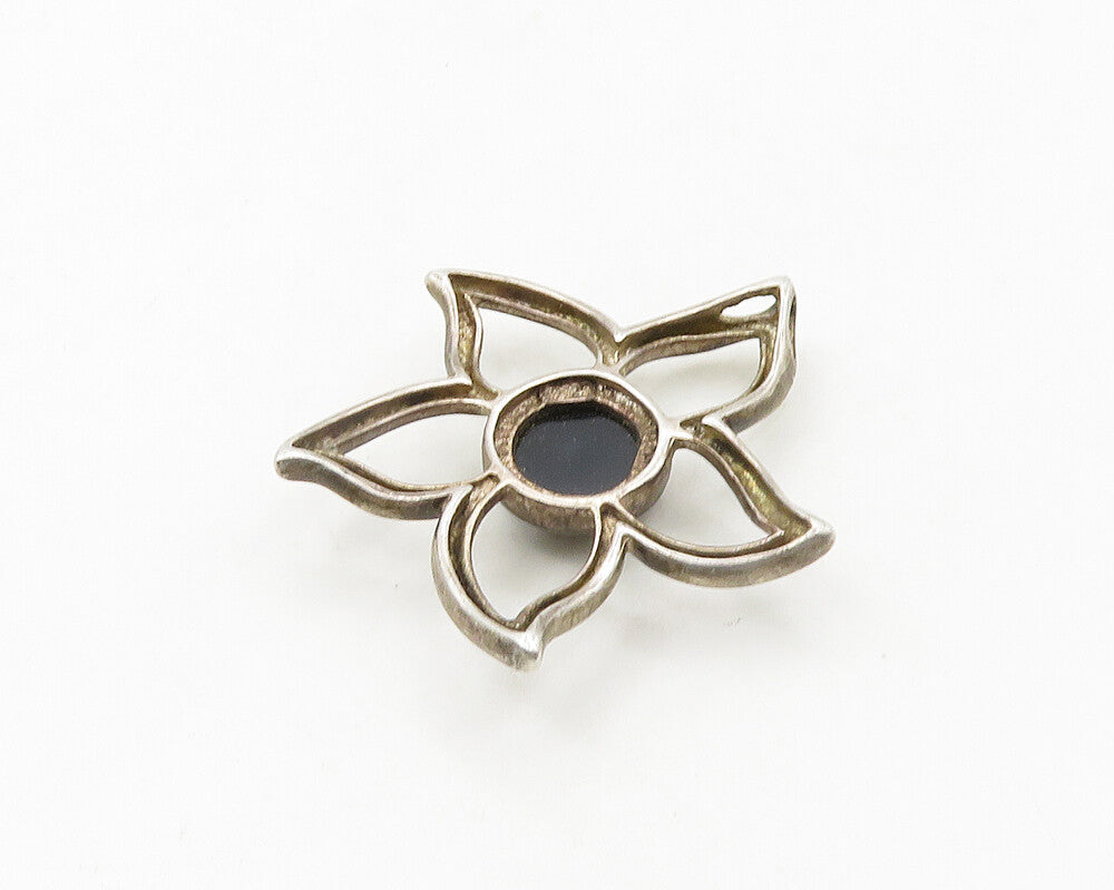 925 Sterling Silver  Vintage Cabochon Black Onyx Flower Motif Pendant  PT15134