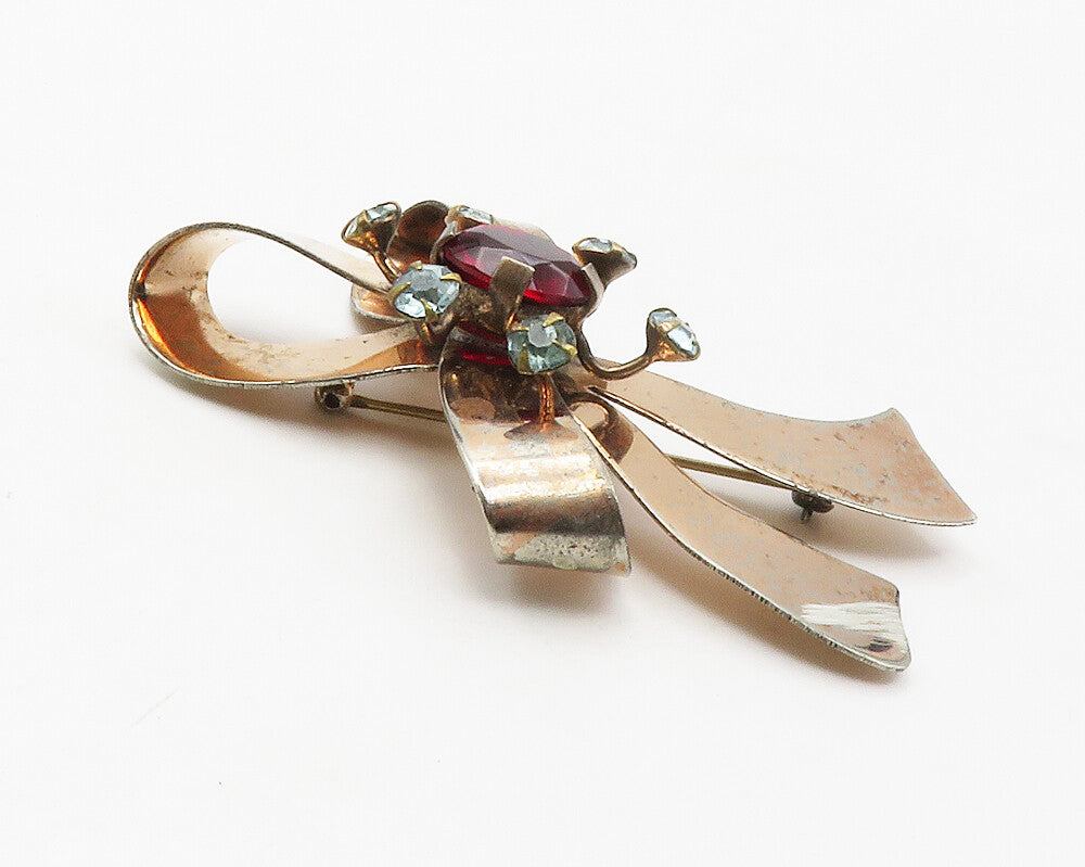 925 Sterling Silver  Vintage Pink & Blue Topaz Ribbon Bow Brooch Pin  BP5454