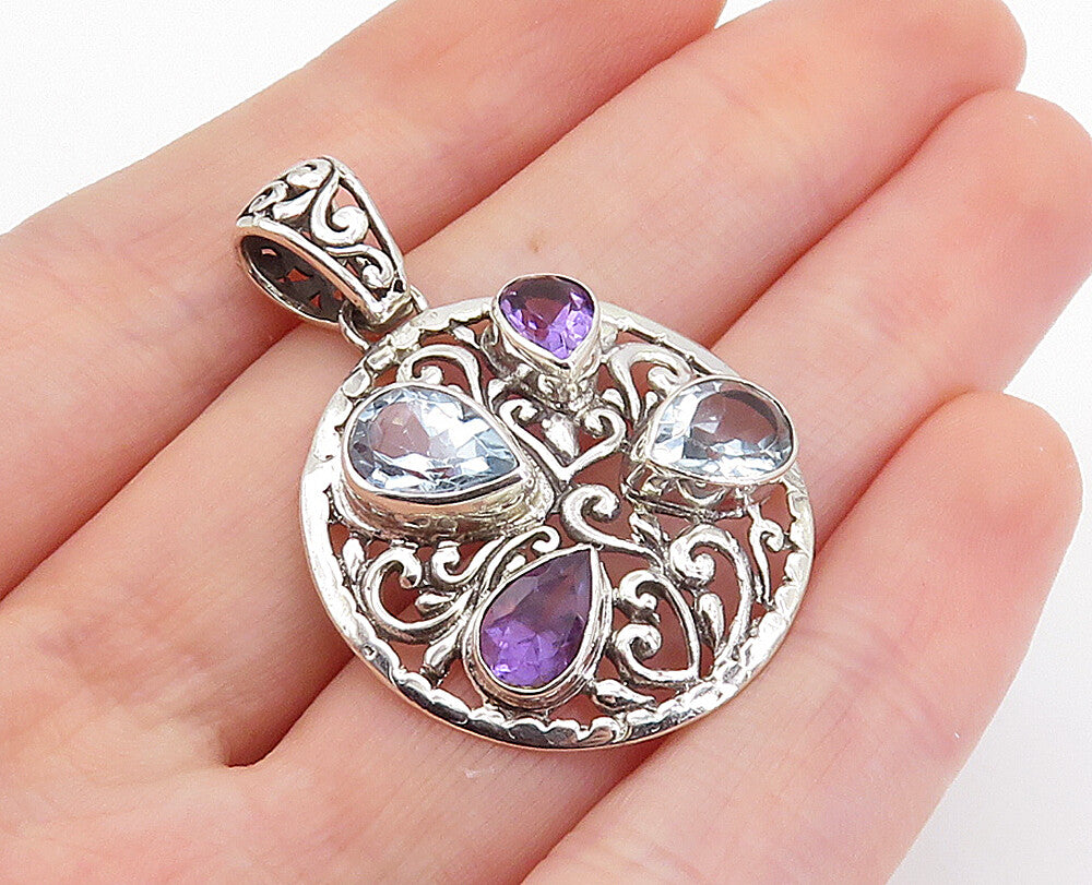 925 Sterling Silver  Sparkling Topaz & Amethyst Swirl Round Pendant  PT5837
