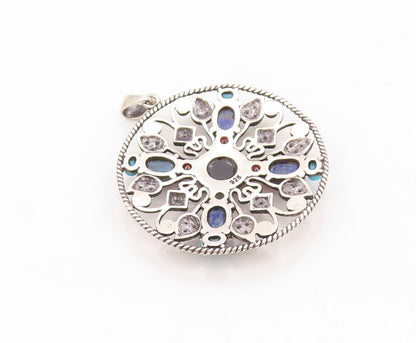 925 Sterling Silver Vintage Pendant Dark Tone Cutout Gemstone Inlay PT23648