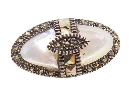 925 Sterling Silver Vintage Mother Of Pearl & Marcasite Brooch Pin  BP3545