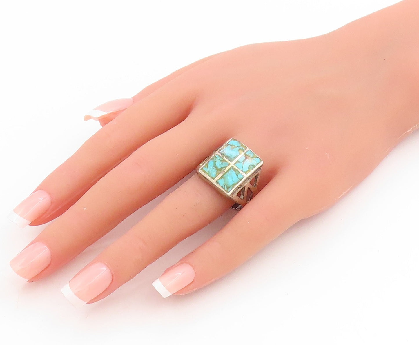 925 Sterling Silver Vintage Ring NAVAJO ZUNI Crushed Turquoise  Sz 11  RG34065