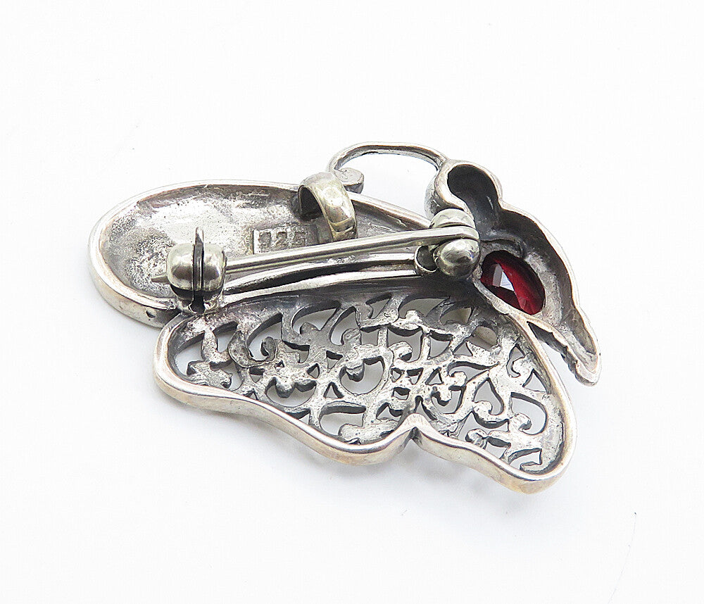 925 Sterling Silver  Vintage Red Topaz Swirl Wing Butterfly Brooch Pin  BP2922