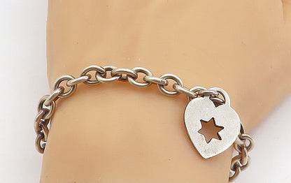 925 Sterling Silver  Vintage Star Cutout Heart Charmed Chain Bracelet  BT2857