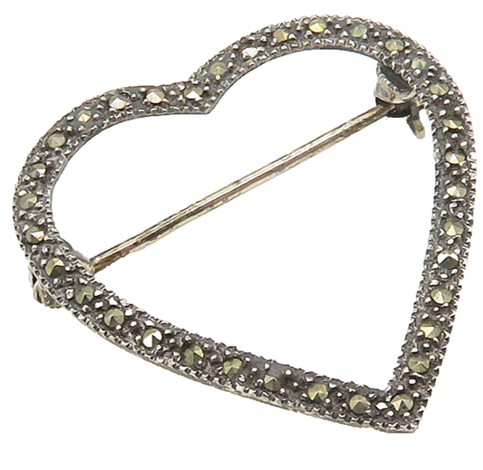 925 Sterling Silver  Vintage Marcasite Open Love Heart Brooch Pin  BP6114