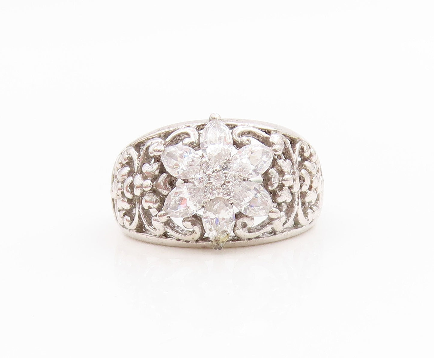 925 Sterling Silver Vintage Ring CZ Elegant Floral Scrollwork Band Sz 7 RG34607