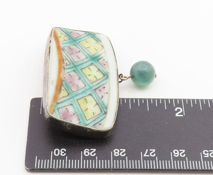 925 Sterling Silver Vintage Brooch Pin Antique Jade Porcelain Lattice  BP12651