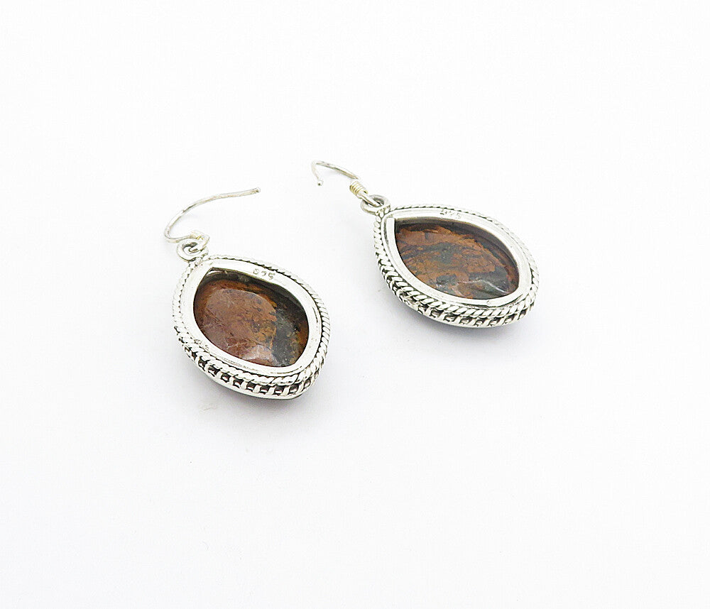 925 Sterling Silver  Vintage Jasper Pointed Oval Shiny Dangle Earrings  EG3645