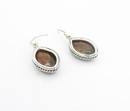 925 Sterling Silver  Vintage Jasper Pointed Oval Shiny Dangle Earrings  EG3645