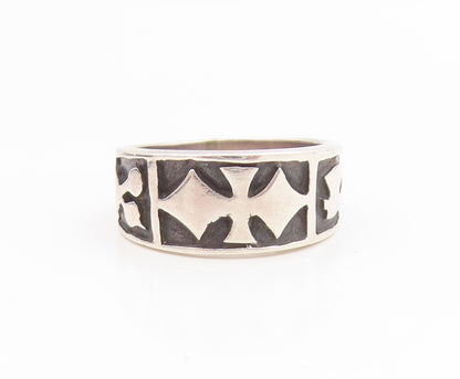 925 Sterling Silver Vintage Ring Modernist Carved Symbols Band  Sz 6  RG35297