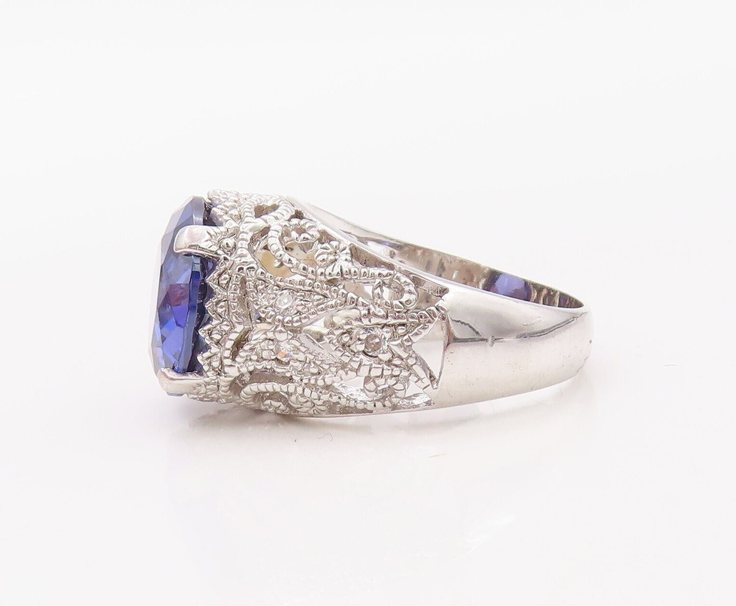 925 Sterling Silver Vintage Ring Swirly Cutout Round Sapphire  Sz 7  RG30782