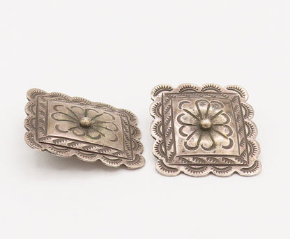 SOUTHWESTERN 925 Silver Vintage Etched Lines Floral Clip Earrings EG12350