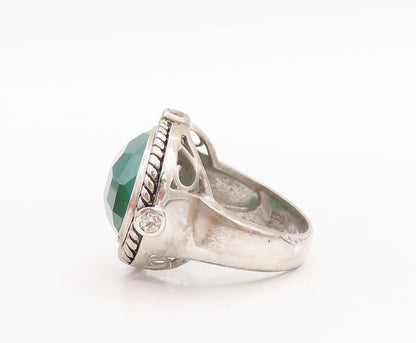 925 Sterling Silver Vintage Ring Roped Border Green Onyx & Topaz  Sz 7  RG29395