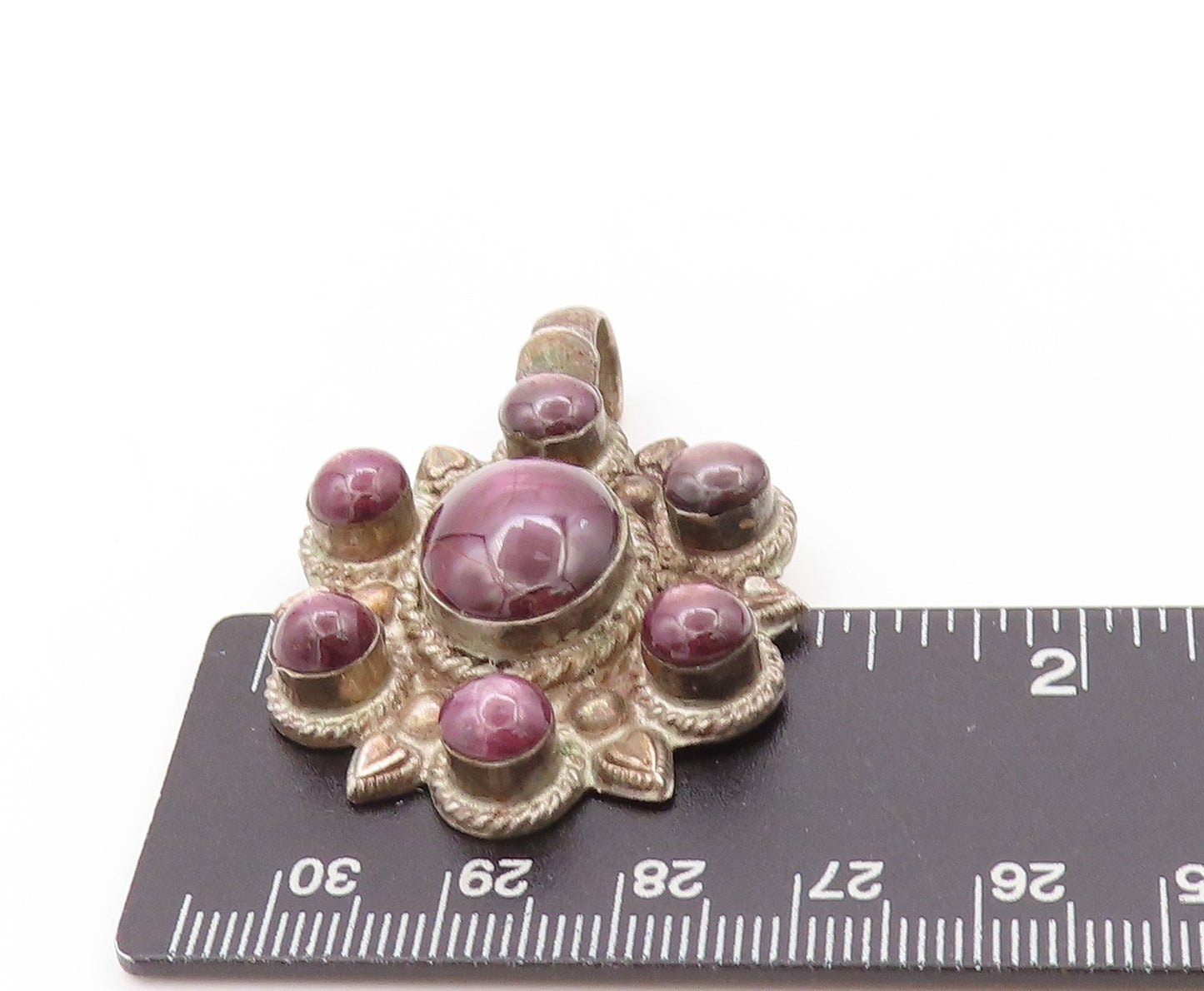925 Sterling Silver Vintage Pendant Cabochon Purple Cat's Eye Flower  PT24202