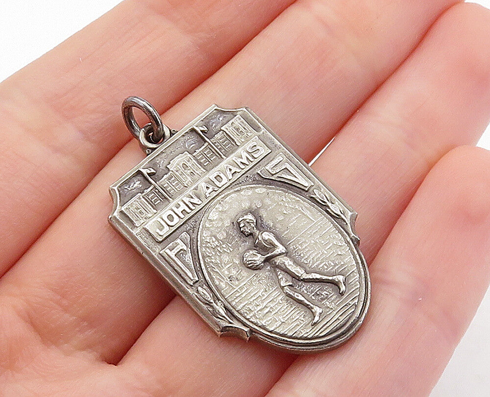 925 Sterling Silver  Vintage Dark Tone John Adams 1939 Drop Pendant  PT4760