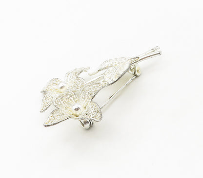 925 Sterling Silver  Vintage Shiny Filigree Flowers Motif Brooch Pin  BP6471