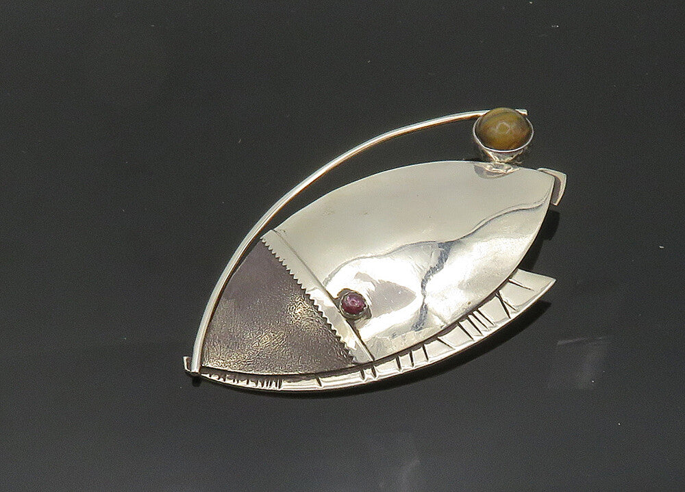 DESIGNER 925 Silver  Vintage Cabochon Tiger's Eye & Garnet Brooch Pin  BP7981