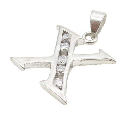 925 Sterling Silver  Shiny Cubic Zirconia Letter X Initial Pendant  PT12196