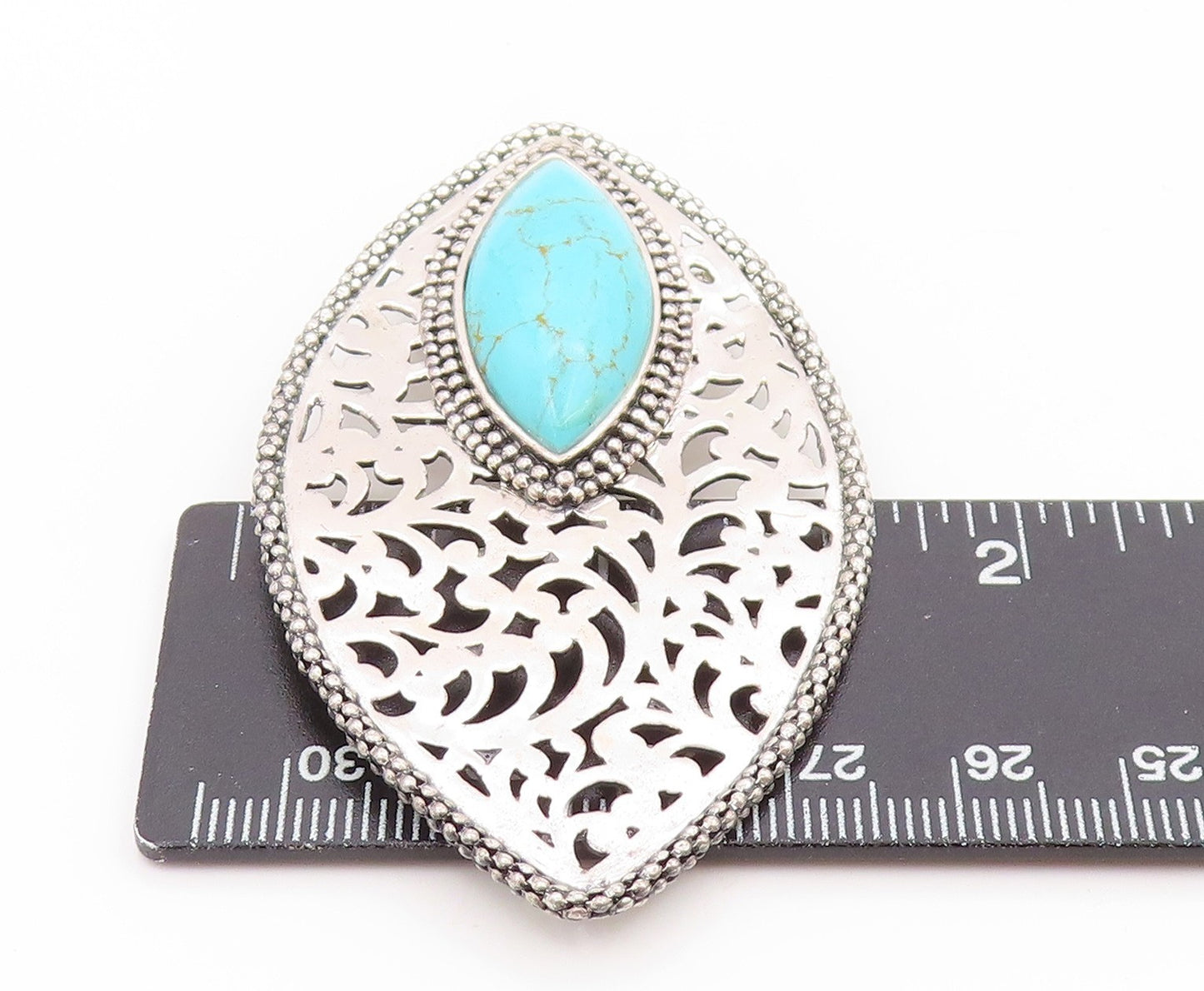 925 Sterling Silver Vintage Pendant Marquise Cut Turquoise Openwork Leaf PT25842