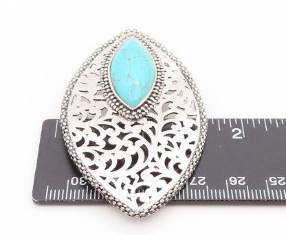 925 Sterling Silver Vintage Pendant Marquise Cut Turquoise Openwork Leaf PT25842