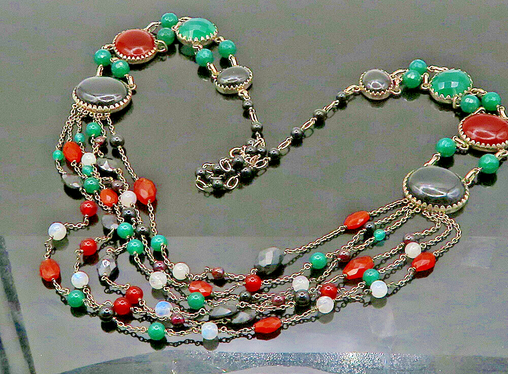 925 Sterling Silver  Vintage Onyx Carnelian & Moonstone Chain Necklace  NE3769