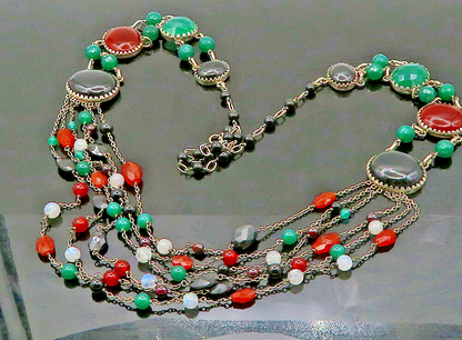 925 Sterling Silver  Vintage Onyx Carnelian & Moonstone Chain Necklace  NE3769