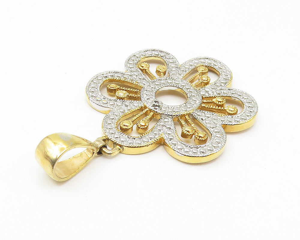 925 Sterling Silver  Shiny Two Tone Flower Motif Drop Pendant  PT8530
